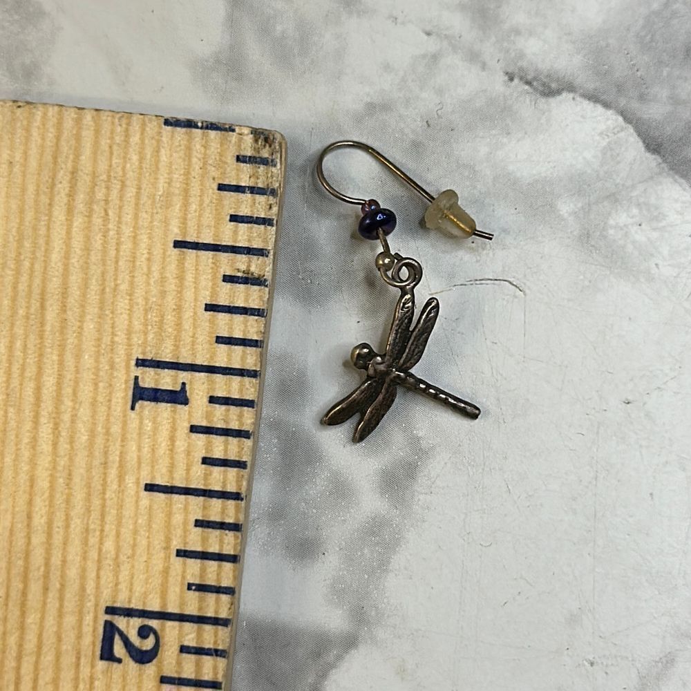 delicate dragonfly drip earrings, Silver stamped, with blue / purple bead accent - Picture 9 of 10